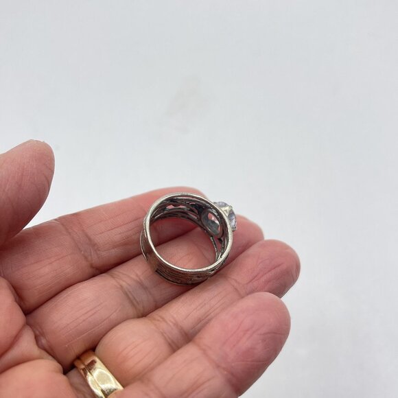 Handcrafted 925 Silver Ring With Large Clear Gemstone Intricate Band Design Size - Picture 6 of 10